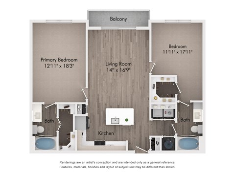 Floor plan for 2 beds, 2 baths, 1130 sqft